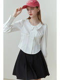 Clacive Fall outfits back to school  Women Slim Short Shirts Long Puff Sleeve Peter Pan Collar White Blouse Belted Cropped Shirt Spring New Office Lady Tops