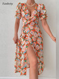 Clacive  Elegant Puff Sleeve Women Beach Dresses  Summer Vintage Floral Printed V-Neck Sexy Dress Femme Fashion Chic Midi Split Dress