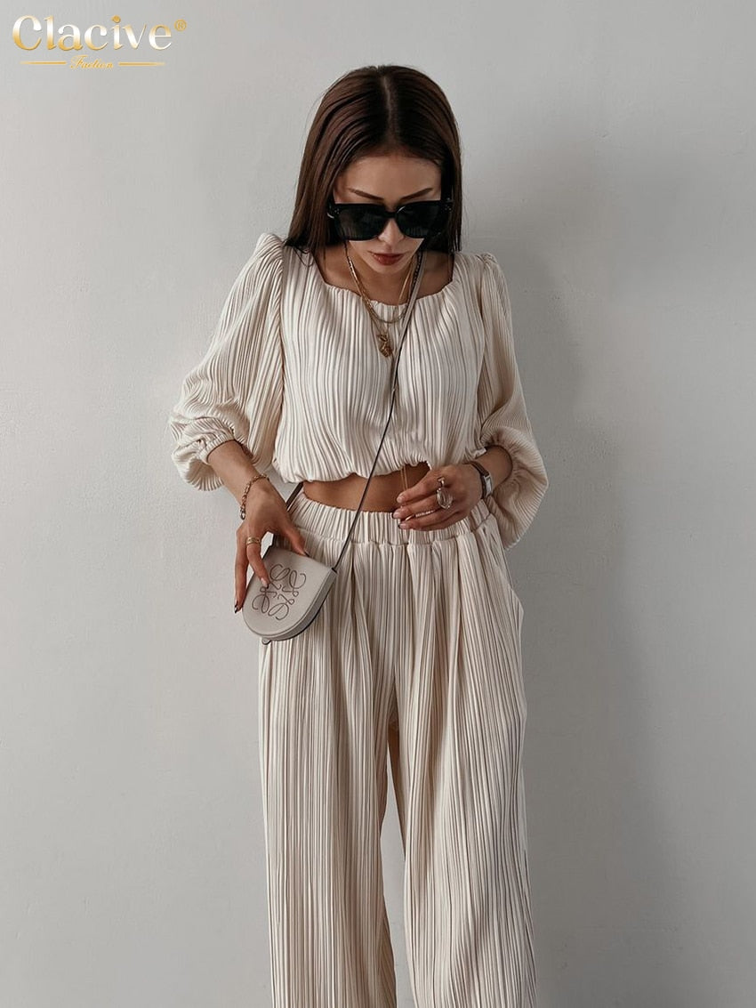 Clacive Sexy Beige Crop Shirts Womens Two Peice Sets Casual Loose Pleated Pants Set Female Summer High Waist Wide Trouser Suits