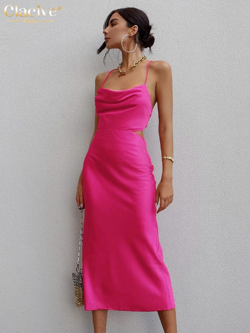 Clacive Sexy Strap Pink Satin Dress Ladies Summer Bodycon Sleeveless Midi Dress Elegant Lace-up Backless Dresses For Women