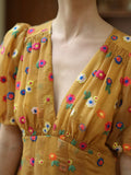 Clacive  Spring Summer Ginger Yellow Dress  Women Vintage Elegant Slim Sexy V-Neck Embroidery Floral Dress Puff Sleeve Dress