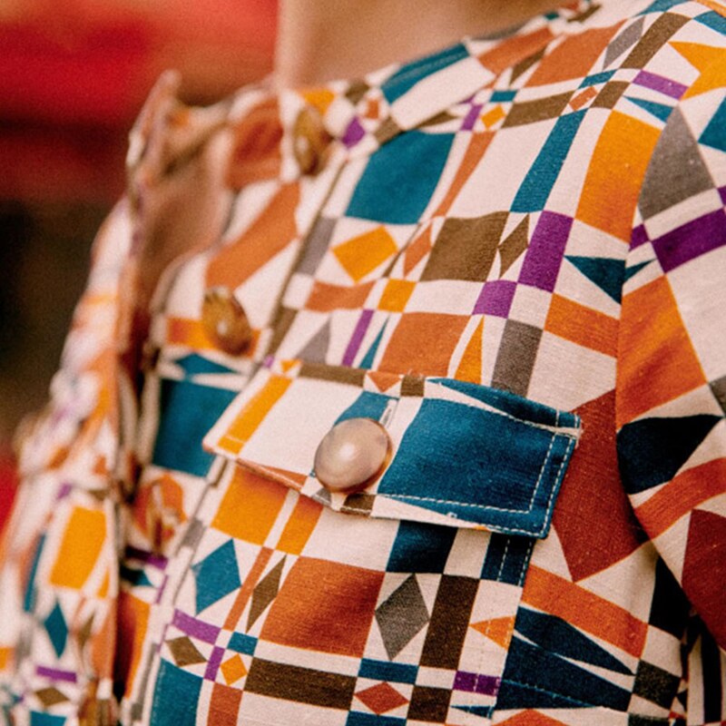 Clacive Geometric Patterns Mini Dress  Summer Short Sleeve Round Neck Button Pockets Vestidos Femme Vintage Casual Vestidos Fashion