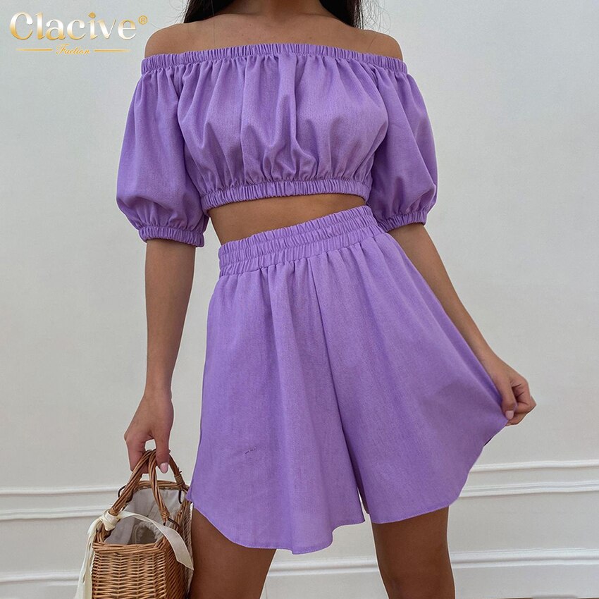 Clacive Sexy Slash Neck Crop Top Two Piece Set Women Summer Bodycon High Waist Shorts Set Lady Elegant Casual Suits With Shorts