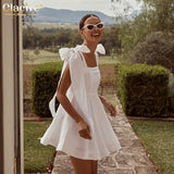 Clacive Summer Square Collar White Dress Sexy Sleeveless Backless Mini Dress Casual Slim Pleated Elegant Dresses For Women