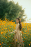 Clacive Dresses For Women Fall Vintage Pastoral Style Floral Long Sleeve Yellow Dress Elegant Slim Korean Fashion 100%Cotton Dress
