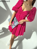 Clacive  Party Lantern Sleeve Mini Dress Woman Summer Ruched V-Neck Pink Dress Clubwear Casual Ladies A-Line Dress  Retro