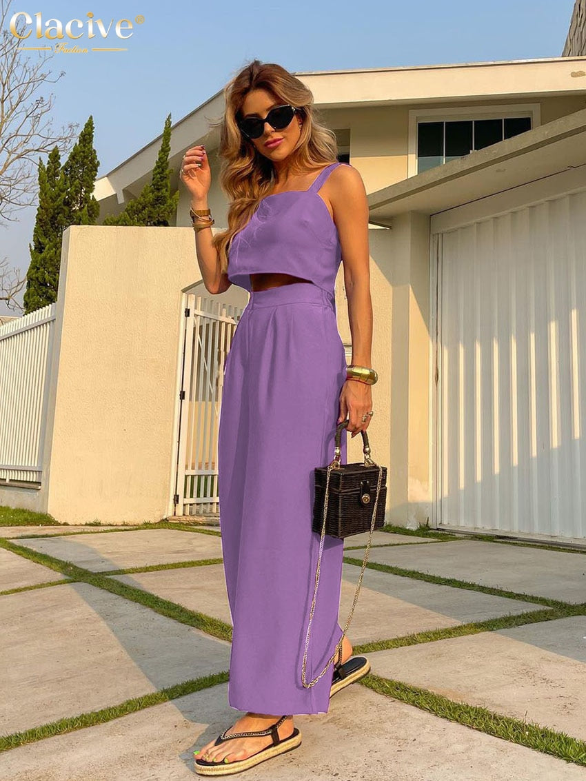 Clacive Summer Purple Wide Trouser Suits Women Fashion High Wiast Office Pants Set Elegant Sleeveless Crop Top Two Piece Set