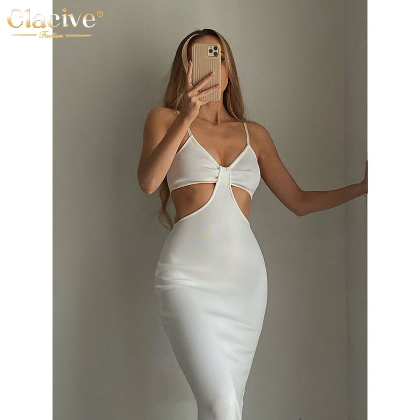 Clacive Summer Sexy White Dress Ladies Bodycon Strap Hollow Out Midi Dress Elegant Slim Backless Party Dresses For Women