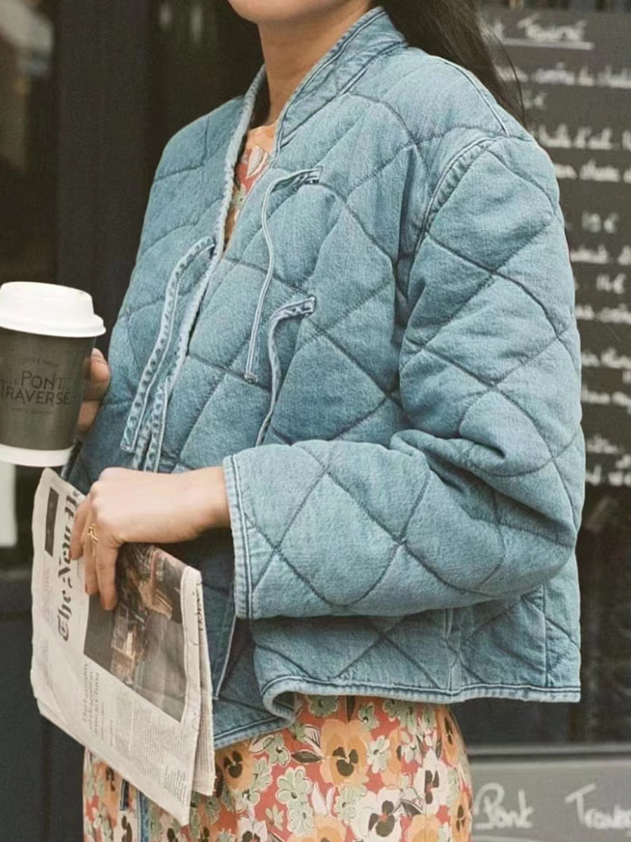 Clacive Geometric Graphic Coat  Winter Woman Long Sleeves Wrap Loose Denim Jacket Top Vintage Simple Femme Jackets Lady Clothing