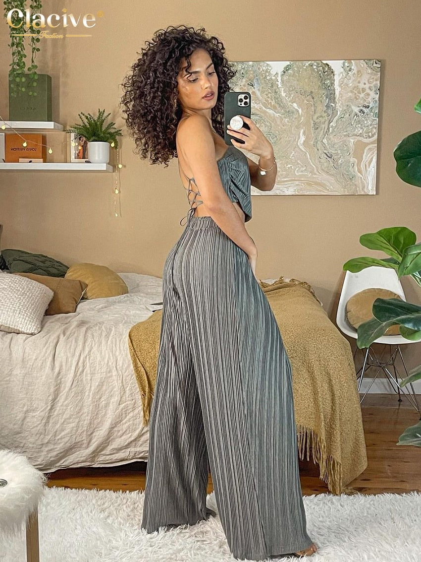 Clacive Sexy Backless Crop Top Womens Two Peice Sets Summer High Waist Wide Pants Set Female Elegant Gray Pleated Trouser Suits