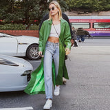 Clacive  Autumn Extra Long Green Leather Trench Coat For Women Long Sleeve Sashes Single Breasted Maxi Overcoat  Streetwear