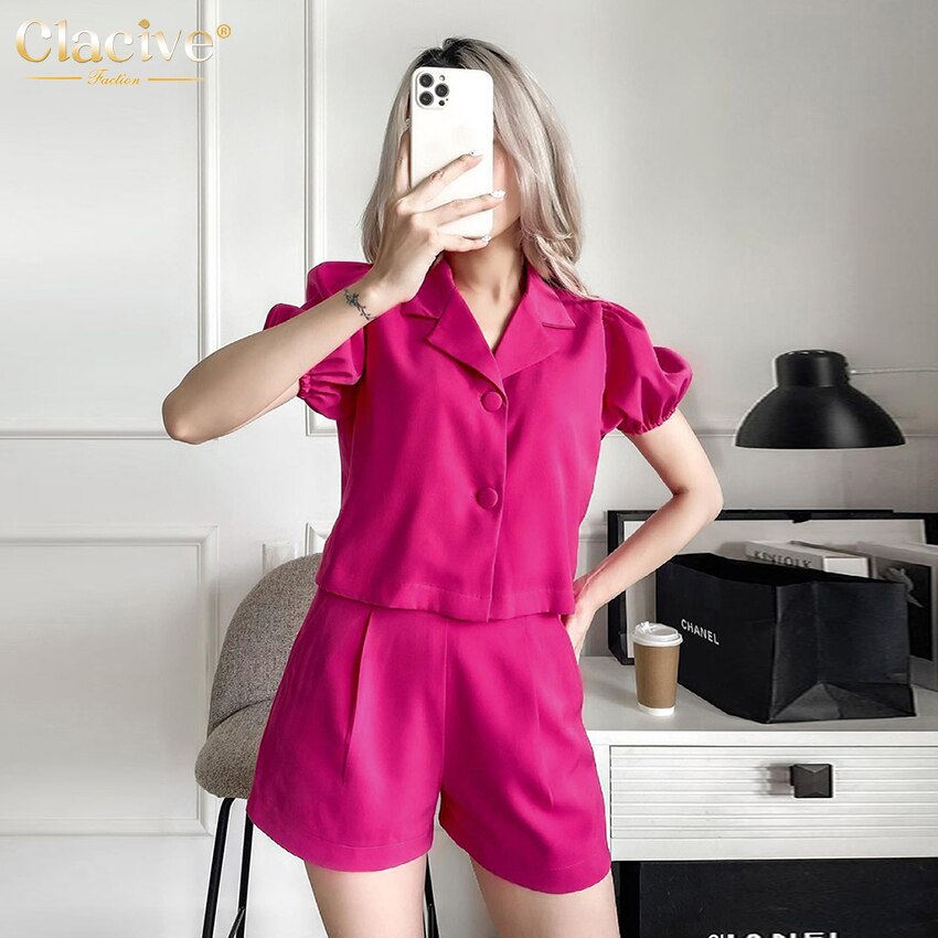 Clacive Fashion Short Sleeve Shirts Two Piece Sets Womens Outifits Summer High Waisted Shorts Set Pink Office Suits With Shorts