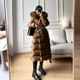 Clacive 2023 Winter New Down Coat Women's Mid length High end Fox Large Fur Collar Fashion Thickened Knee Over White Duck Down Coat