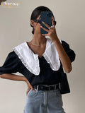 Clacive Summer Doll Collar Fashion Blouse Women  Elegant Short Sleeve Office Shirts Lady Casual Slim Black Shirt Top Female
