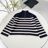 Clacive Ribbed Striped Sweater Women Clothing Autumn Winter Half-Zipper Loose Pullovers Top Femme Vintage Fashion Sweaters Jumpers