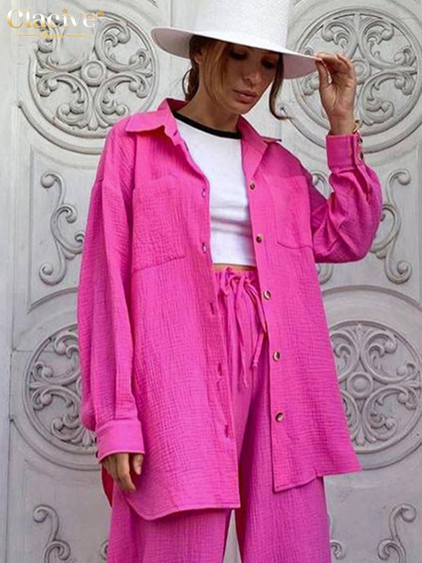 Clacive Casual Loose Pink Two Piece Pants Set Women Fashion Long Sleeve Blouses Matching Wide Trousers Suit Lace-Up Pant Sets