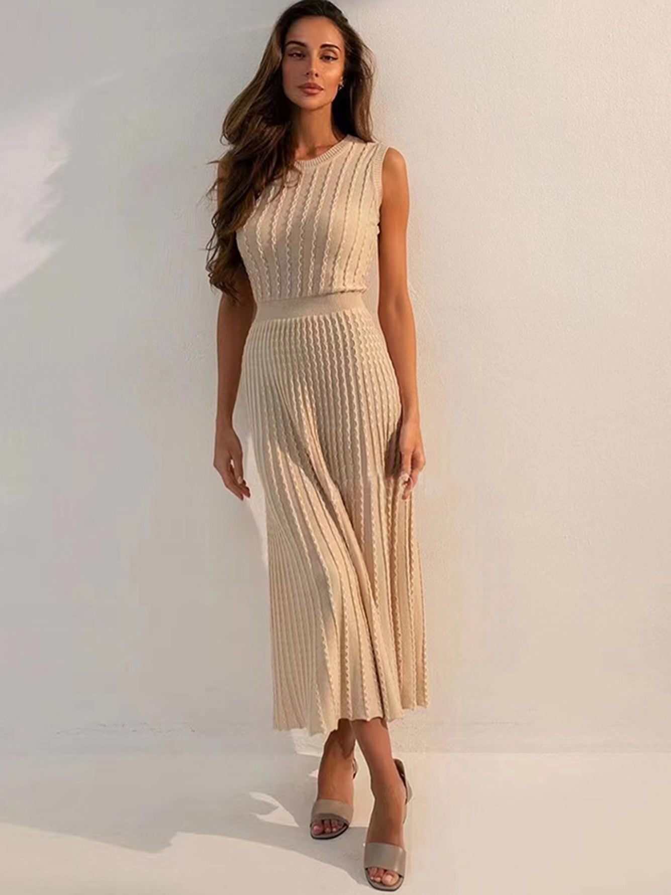Clacive Vintage Knitted Dress For Women O Collar Draped Sleeveless High Waist Knit Midi A Line Dresses Female  Spring Fashion New