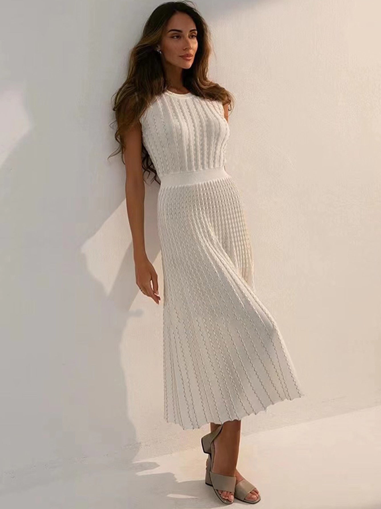 Clacive Vintage Knitted Dress For Women O Collar Draped Sleeveless High Waist Knit Midi A Line Dresses Female  Spring Fashion New