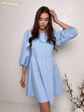 Clacive Fashion Blue Office Summer Dress Ladies Casual O-neck Half Sleeve Mini Dress Elegant Loose Dresses For Women