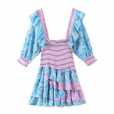 Clacive  Summer Mixed Floral Prints Ruffled Holiday Dress Square Neck Smocked Sexy Laides Dress Mini Dress