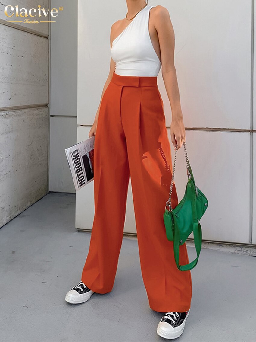 Clacive Orange High Waist Woman Pants Street Style Pleated Wide Legs Trousers Spring Summer Button Classic Long Pants Female