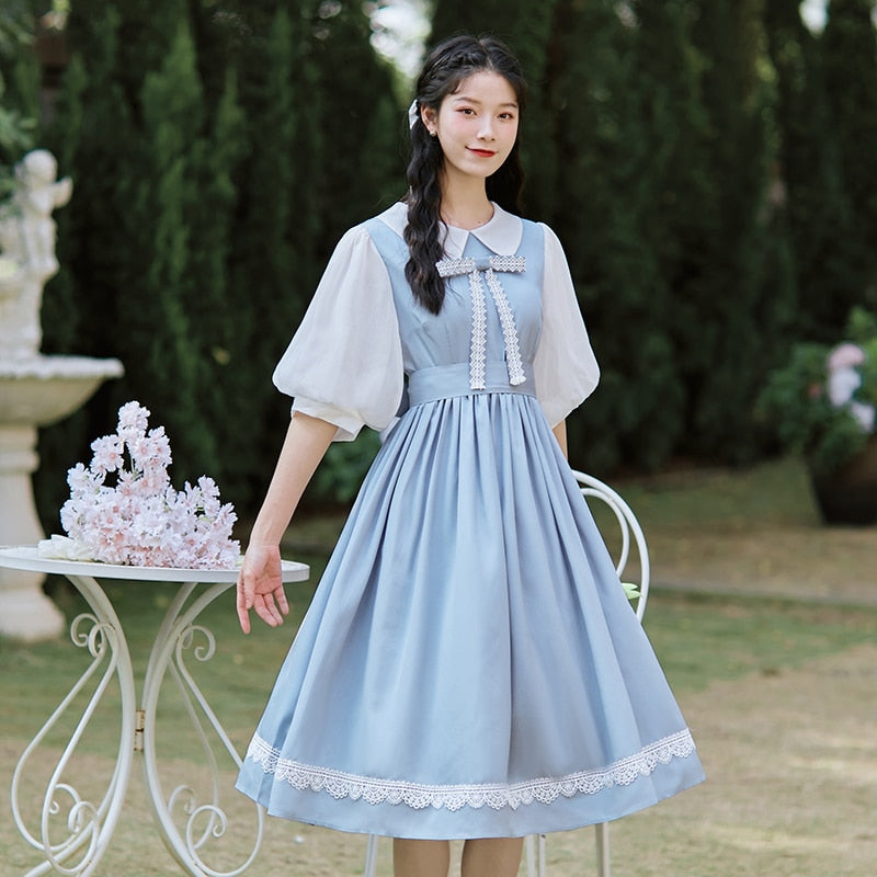 Clacive Vintage Kawaii Bow Dress Summer Lantern Sleeve Patchwork Pleated Dress Women Elegant Party Dresses