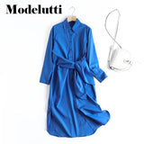 Clacive   New Spring Long Sleeve Side Knot Design Poplin Long Dresses Women Solid Color Elegant Simple Casual Female Robe