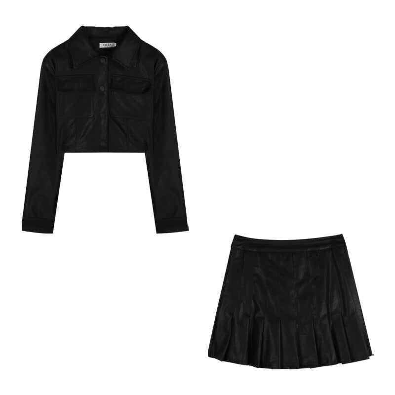 Clacive Spring Streetwear PU Two Piece Set Women Loose Crop Top Short Jacket And Faux Leather Pleated Sexy Mini Skirt 2 Piece Outfits