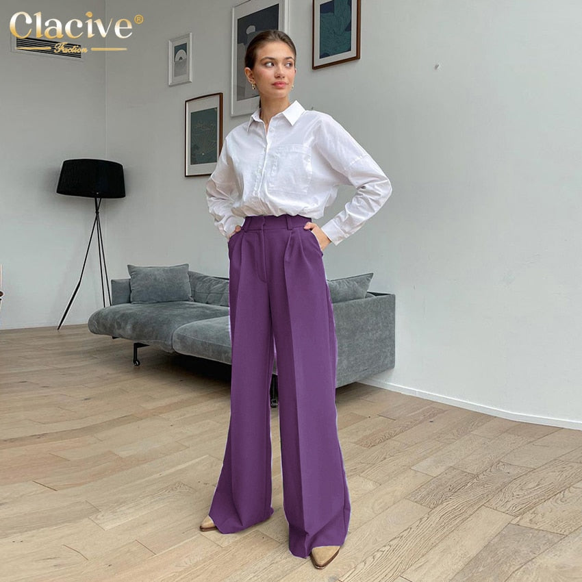 Clacive Blue Office Women'S Pants  Fashion Loose Full Length Ladies Trousers Casual High Waist Wide Pants For Women