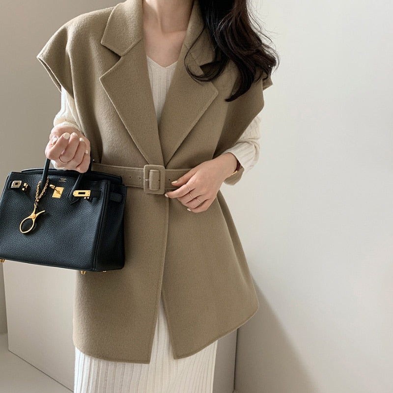 Clacive Elegant Vest Wool Coats Women Female Loose Casual Turn-Don Collar  Autumn Winter Jackets Office Trench Outerwear M506