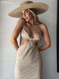 Clacive Sexy Brown Party Dresses Woman Summer Bodycon Strap Hollow Out Midi Dress Ladies Elegant Slim Backless Female Dress
