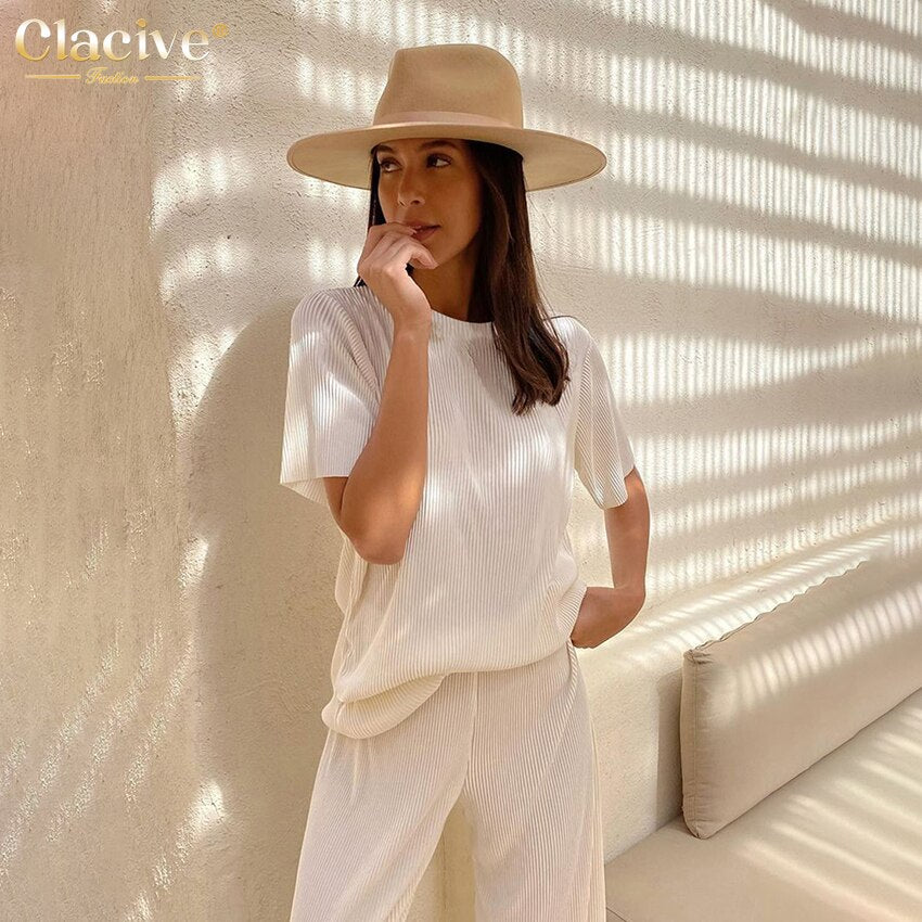 Clacive Fashion Short Sleeve T-Shirts Set Woman 2 Pieces Summer Elegant White Pleated Trouser Suits Casual Home Suit With Pants