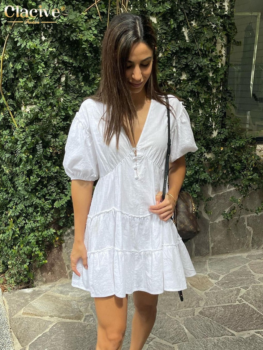 Clacive Summer Deep V-Neck Sexy Dress Vintage Loose Puff Short Sleeve Mini Dress Elegant Ruched Dresses For Women  Buttons
