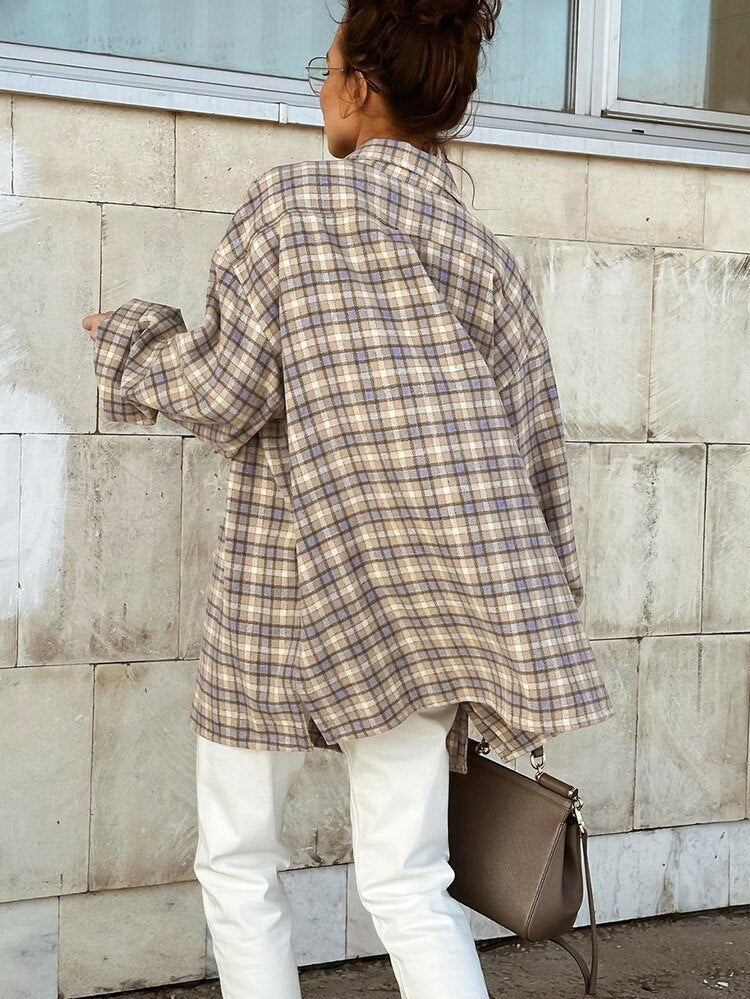 Fall outfits back to school 18 Khaki Shacket Oversized Shirts Womens Dropped Shoulder Plaid Outwear Street Style Pockets Casual Coats Autumn 2023