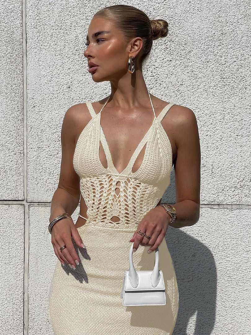 Clacive c Knitted Cut Out Halter Sexy Backless Summer Beach Dress for Women Elegant Outfits Bandage Slit Dresses Bodycon New