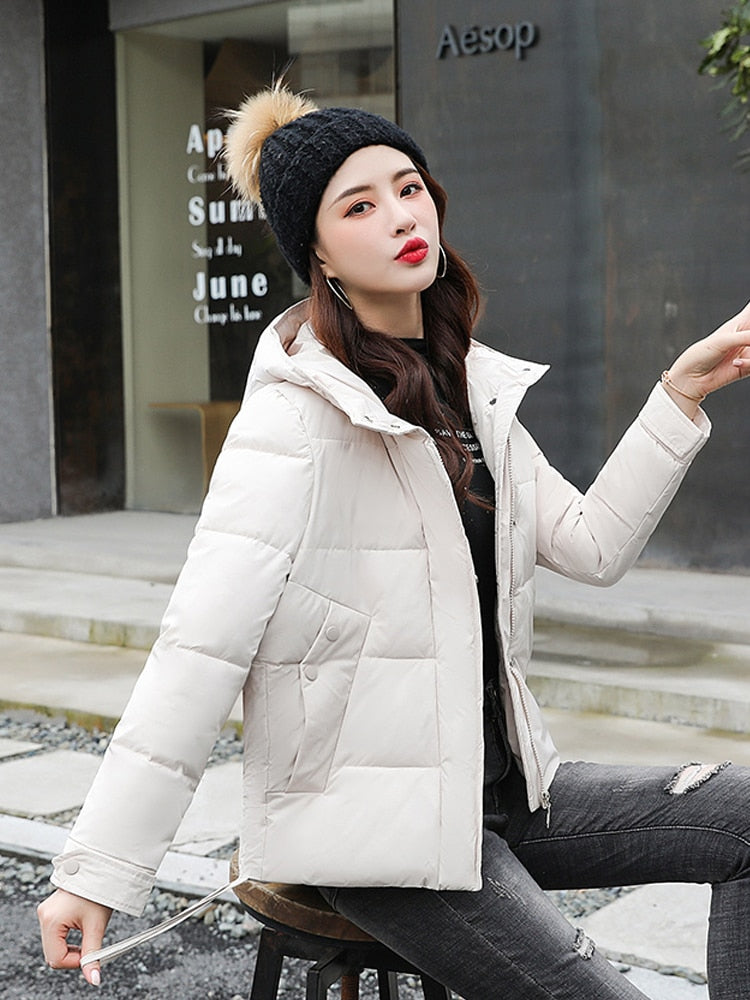 Clacive New Winter Women Hooded Bubble Coats Fashion Black Crop Puffer Jacket Slim Long Sleeve Woman Parkas