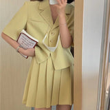 Clacive  Summer Korean Fashion Chic Sweet Women's Skirt Sets College Lapel Short Sleeve Suit Jacket And Pleated Dress 2 Piece Set