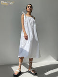 Clacive Summer Square Collar White Dress Woman Casual Loose Sleeveless Lace-Up Midi Dresses Elegant Simple Female Dress