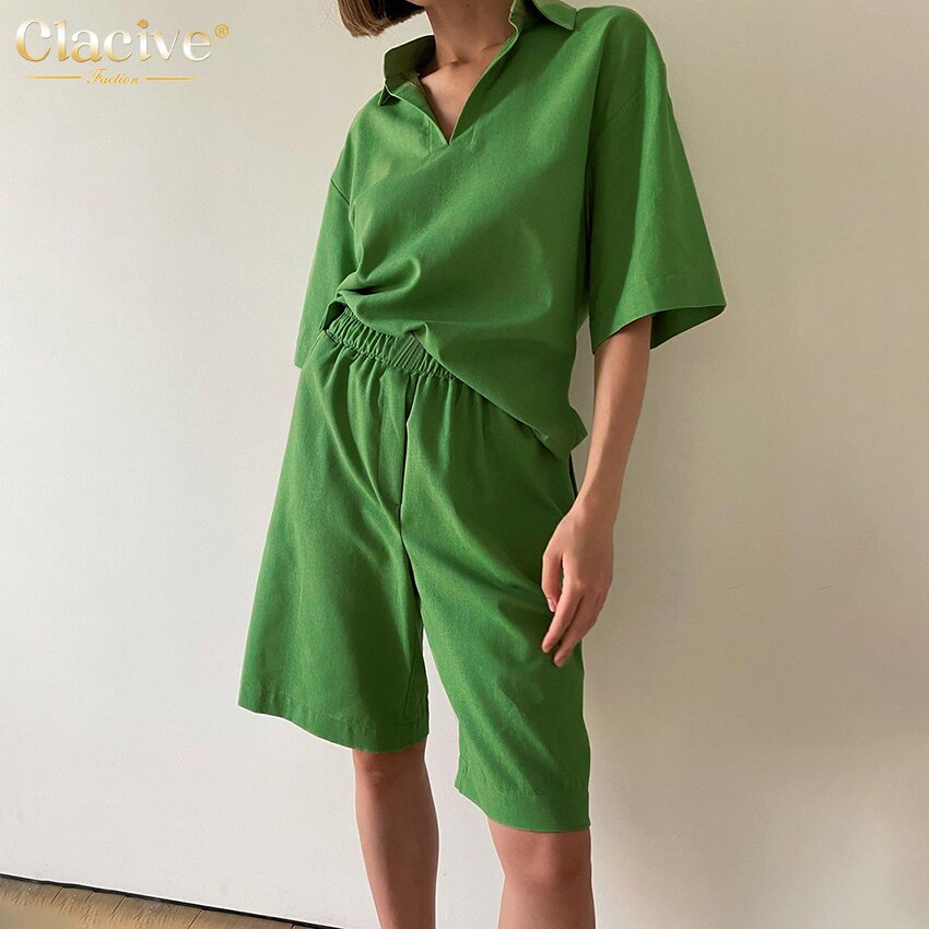 Clacive Summer Short Sleeve Shirts Womens Two Peice Sets Elegant Loose High Waisted Shorts Set Casual Sports Green Shorts Suits