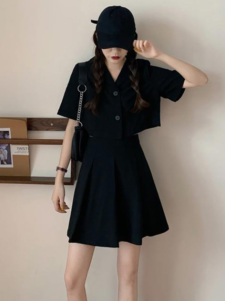 Clacive  Summer Korean Elegant Women's Suit With Skirt Loose Girl Short Small Suit Jacket Top High Waist Pleated Skirt 2 Piece Sets