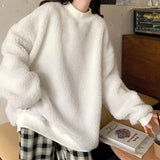 Clacive  Women Lamb Wool Two Piece Hoodies Kawaii Bear Ear Cap Faux Fur Loose Ladies Pullovers Warm Plush Thick Sweatshirts Top