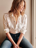 Clacive Floral Embroidered White Button Shirt Women Lapel Long Sleeve Single Breasted Shirt Women's Spring