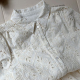 Vintage Floral Hollow Out Lace Dress Mini Length Turndown Collar Button Casual Spring Autumn Dress