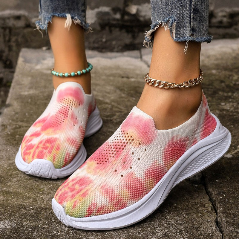 Clacive - Pink Casual Sportswear Daily Patchwork Tie-dye Round Mesh Breathable Comfortable Out Door Shoes