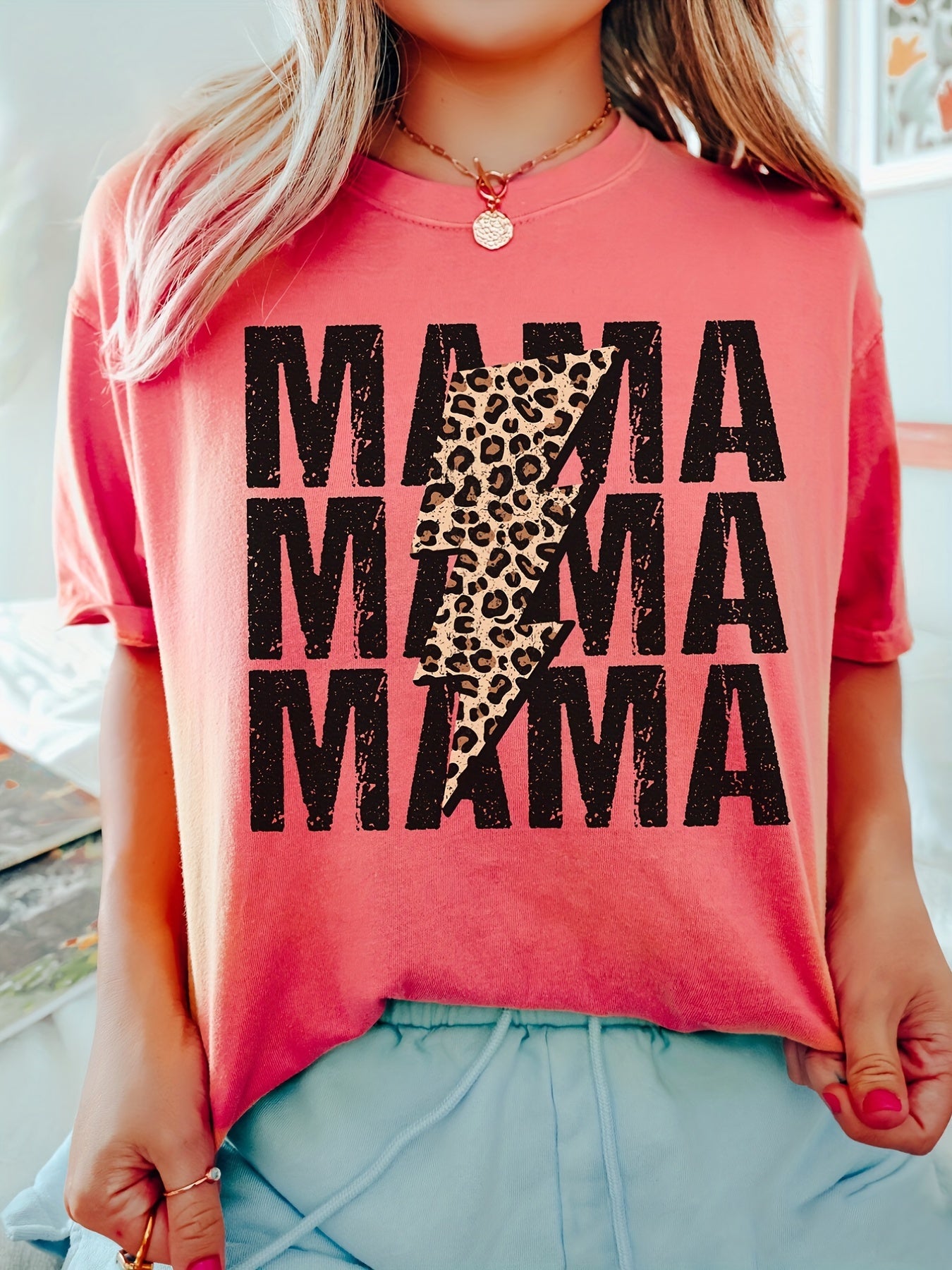 Clacive - Letter MAMA Print Crew Neck T-shirt, Casual Drop Shoulder Short Sleeve Summer T-shirt, Women's Clothing