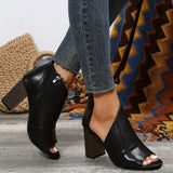 Clacive - Black Casual Patchwork Asymmetrical Fish Mouth Out Door Wedges Shoes (Heel Height 3.54in)