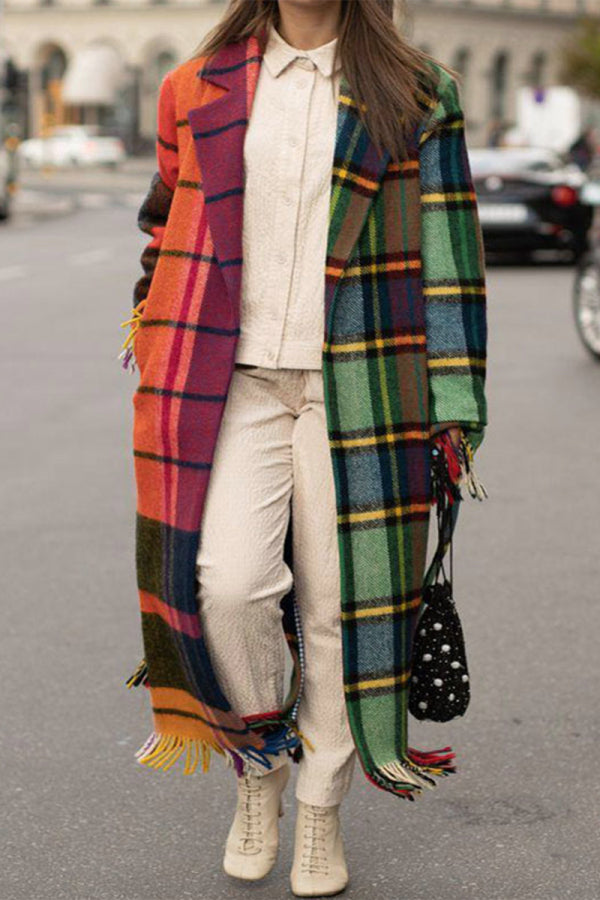 Clacive - Colour Street Elegant Plaid Contrast Turn-back Collar Outerwear