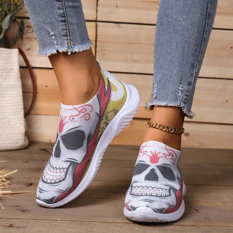 Clacive - White Casual Patchwork Printing Round Comfortable Shoes