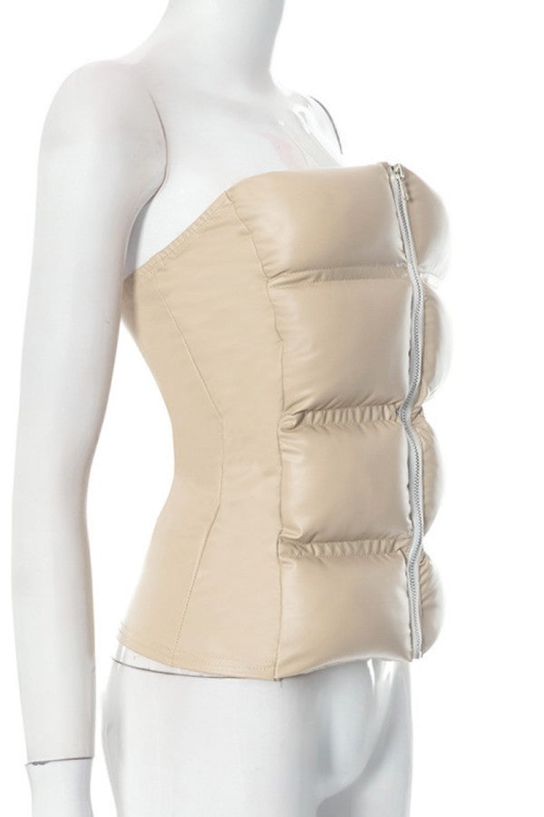 Clacive - Khaki Casual Solid Patchwork Backless Zipper Strapless Tops