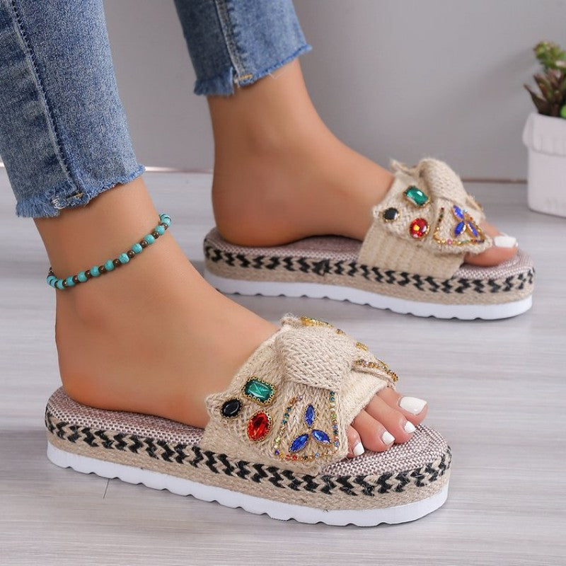 Clacive - Apricot Casual Patchwork Rhinestone Round Comfortable Shoes